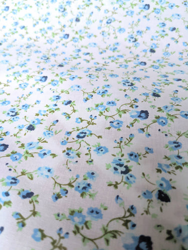 Blue Poly Cotton Rose Fabric, Floral Fabric, Small Print Fabric